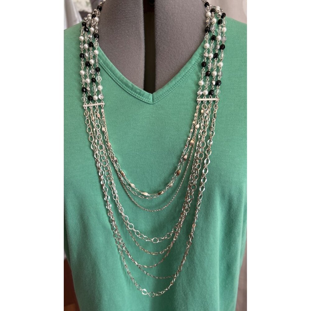 WHBM Layered Chain Necklace Black & White Beads & Crystals 29" + 2" Extender